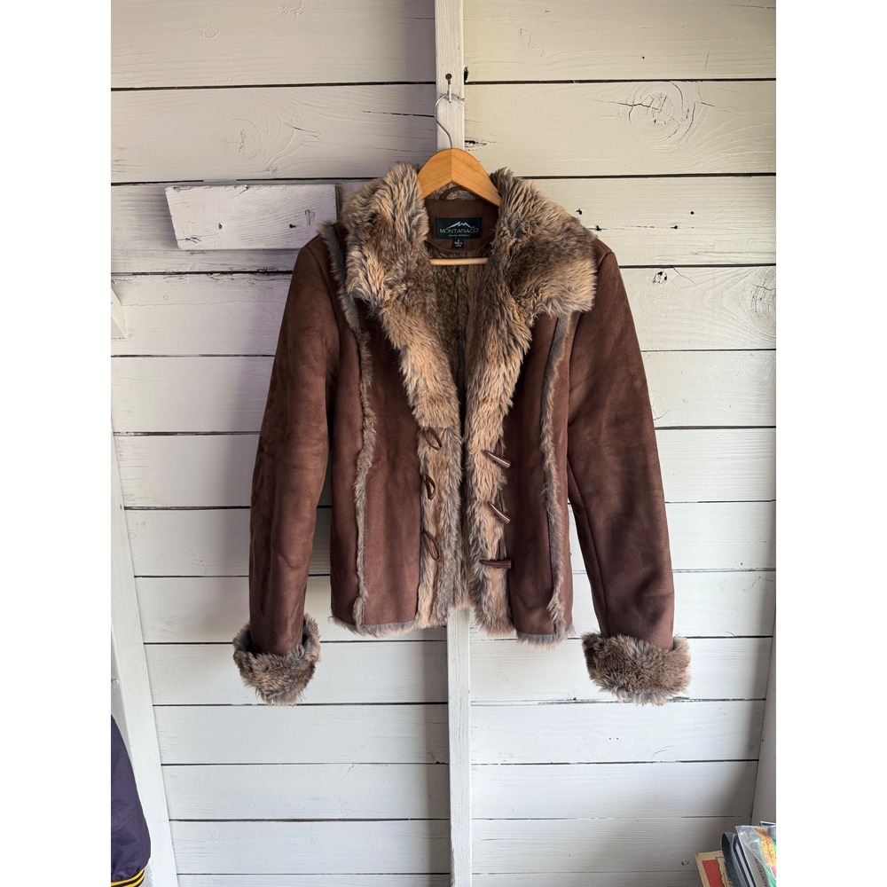 Montanaco Faux Suede Fur Trim Toggle Jacket Brown Womens Small Boho Western
